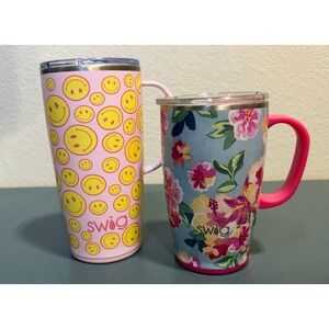 Swig Life Insulated Travel Mug Set 22oz Smiley Face & 18oz Floral Pink Blue
